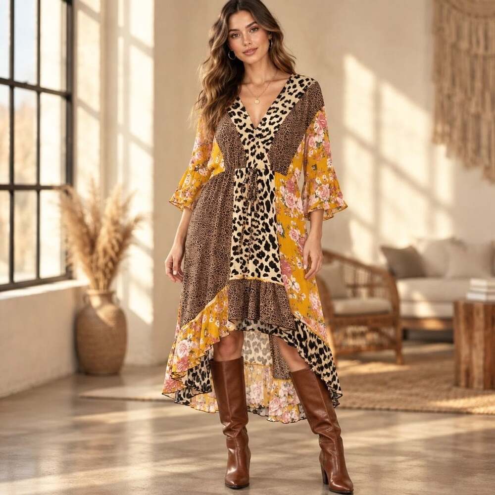 GiGio Mixed Print Floral Leopard Dress Size M High Low Midi
